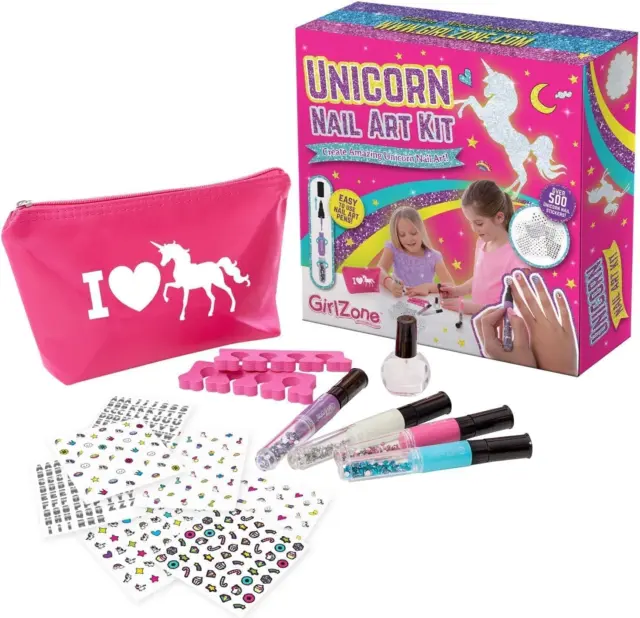 GirlZone Unicorn Nail Art Kit, 16-Piece Nail Art Set for Girls Nail Studio, Gift