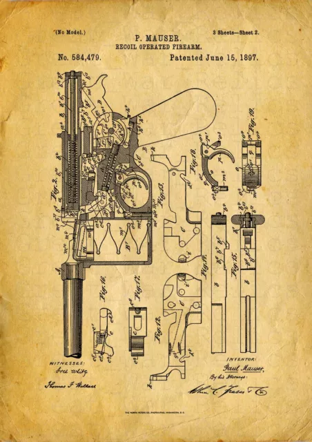 Mauser C96 Pistol Broomhandle Patent Print Gun WW1 German WWI | Framed Unframed