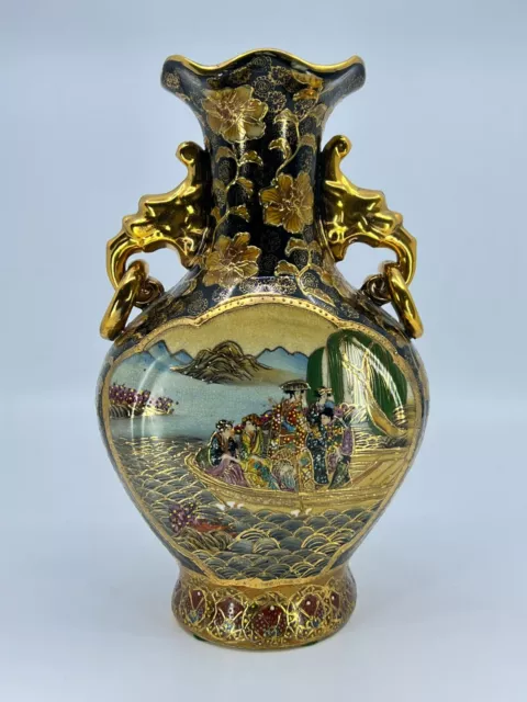 Vintage Satsuma hand painted vase 10"H Gold Ocean w/ Gecia Ornate and LOVELY!