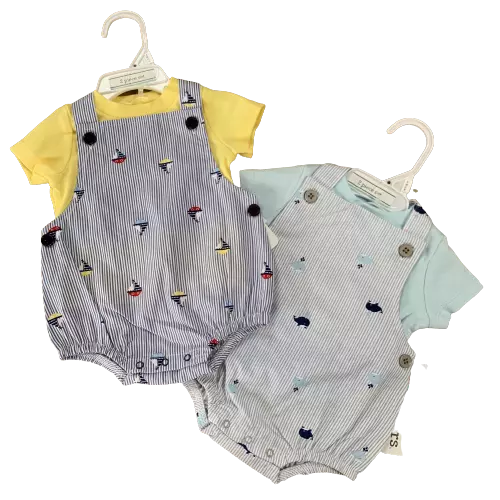 Baby Boys Whale / Boats Dungaree Outfit Cotton Summer Romper & Tshirt Set