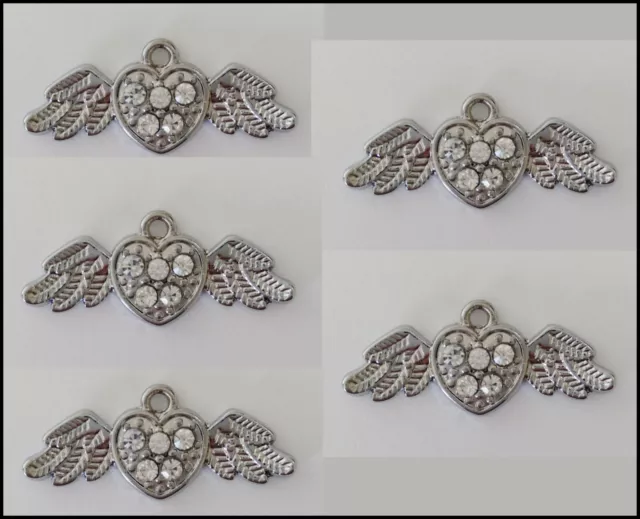 Metal charm #654 Angel Wings rhinestones on heart pendant 1 bail 28mm x 10mm