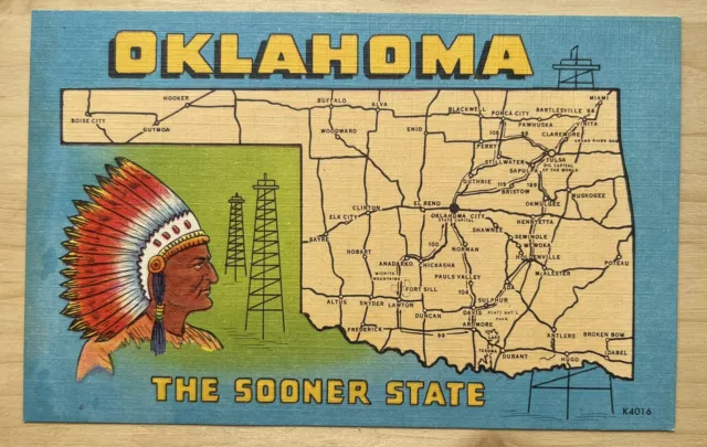 OKLAHOMA, THE SOONER STATE c1940 Linen Map Postcard - Indian Head, Oil Derricks