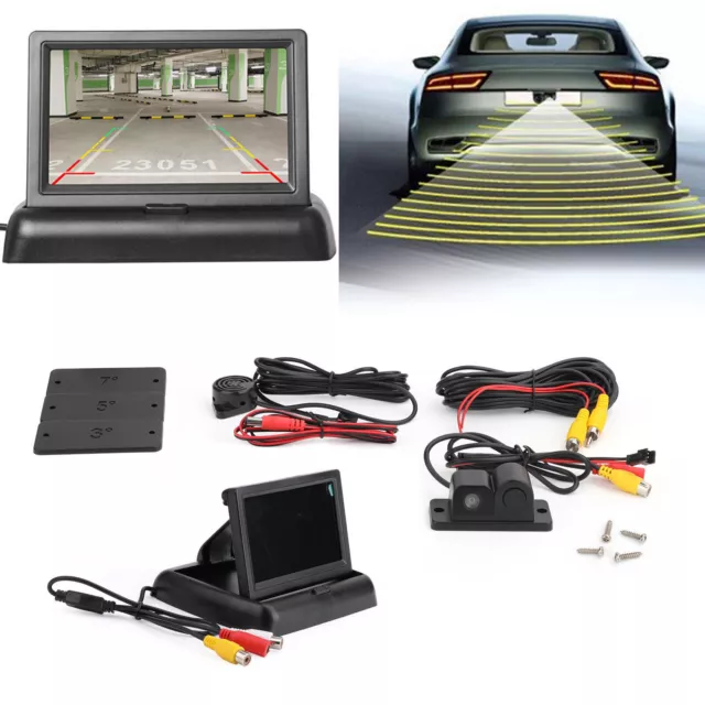 Car Rear Camera Parking Sensor Radar + Beeper + 4.3" LCD Fold Mirror Kit UK`