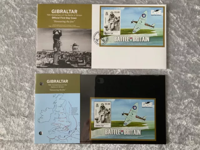 OFFICIAL-GIBRALTAR FDC-70th ANNIVERSARY-BATTLE of BRITAIN-DOUGLAS BADER-SPITFIRE