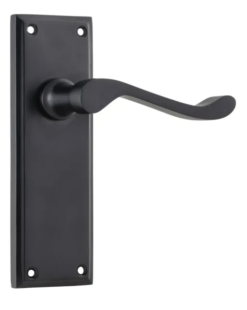 pair of matt black camden lever door handles and backplates,152 x 50 mm