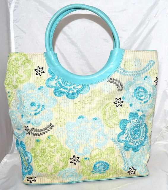 Sigrid Olsen Cream with Turquoise Lime Embroidered Flowers Ramie Linen Tote Bag