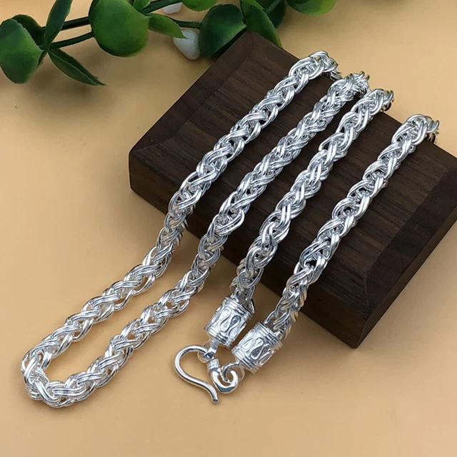 Pure S999 Fine Silver Men Lucky Hollow Twist Wheat Chain Necklace 5.5mmW 19.6"L