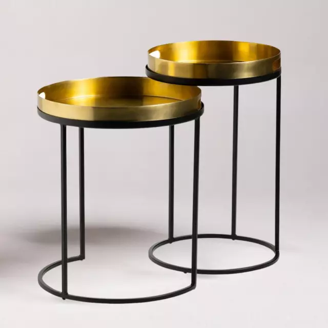 Nesting Side Tables Retro Art-Deco Round Design Brass Metal Top Black Frame