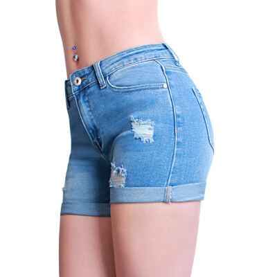 Donna Jeans Shorts Destroyed Bermuda STRETCH Hotpants Denim Pantaloni Corti 