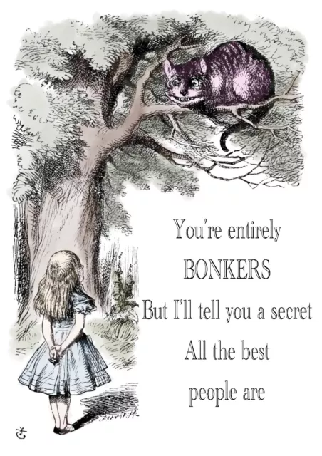 Alice in wonderland Art Print Bonkers Wall Art Gift Illustration Cheshire Cat UK