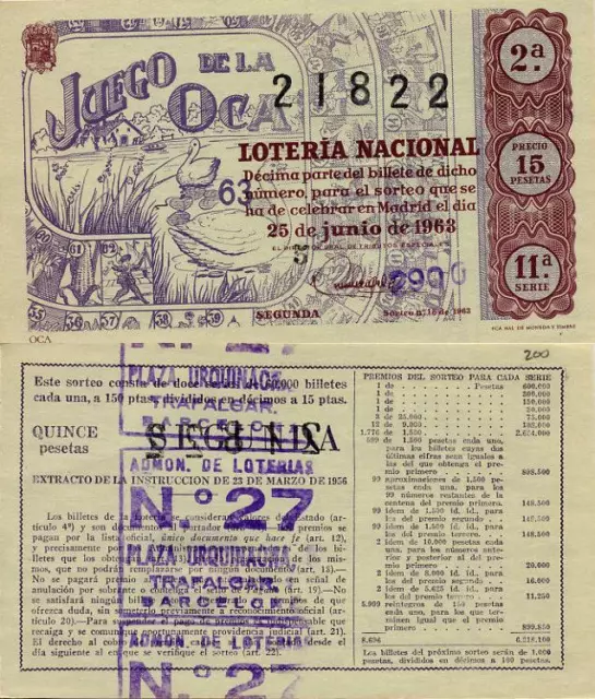 Año 1963. 15 Pts. Décima parte del billete. 25 de Junio. Sorteo Nº 18. 11ª Serie