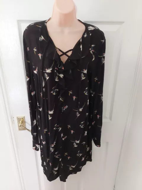 Oasis black bird print long sleeve knee length dress 12