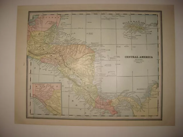 Antique 1889 Central America Jamaica Honduras Costa Rica Map Detailed Fine Rare