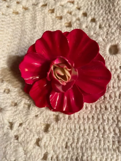 Vintage Pink Enamel Flower Lucite Acrylic Pin Brooch 2"
