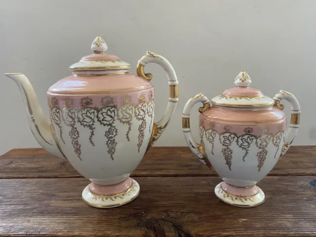 Antique Coalport Fine China Pink Gold Coffee & Sugar Pot Teapot W/ Lids England