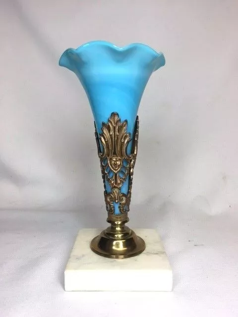 Antique French Blue Opaline, Brass Ormolu & Marble Base Glass Trumpet Vase Old