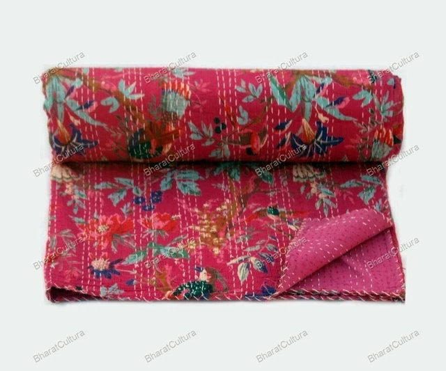 DOUBLE VINTAGE QUILT Bed Runner Kantha Flower pattern & birds Bedspread