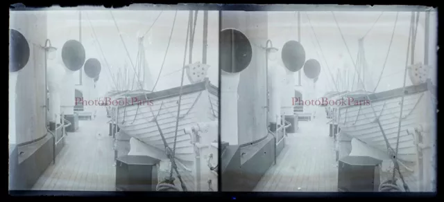 Pont d'un bateau Artistique c1930 Photo NEGATIVE Plaque Stereo Vintage 