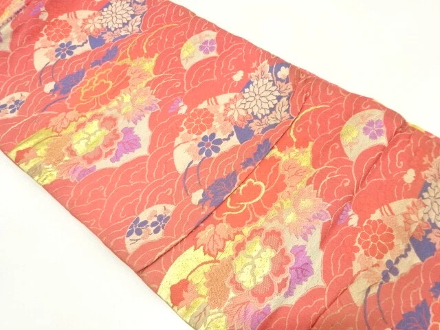 6857473: Japanese Kimono / Antique Nagoya Obi / Woven Peony With Kiku & Ume