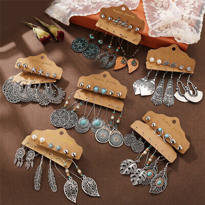 6 Pairs Bohemian Boho Ethnic Dangle Drop Hook Earrings Women Retro Charm Jewelry