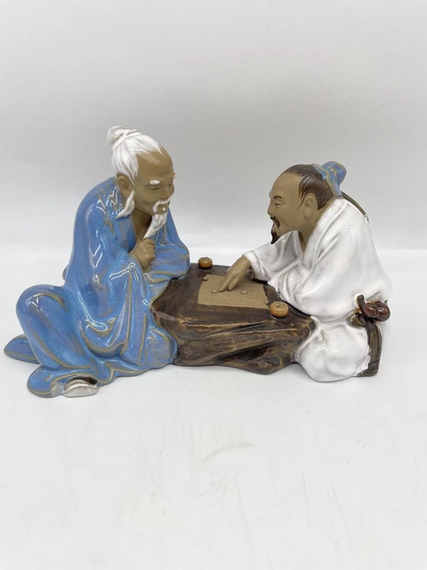 Vintage Chinese Mudman Shiwan Pottery Two Men Playing Chinese Chess Xiangqu
