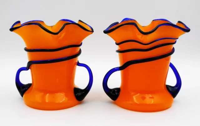 Pair of ART DECO Czech **TANGO VASES** Orange with Blue Trailing 12cm H - Exc