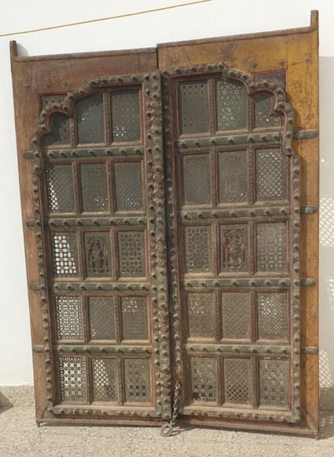 Antique Temple Door Wooden Brass Jali Handmade Indian Vintage Collection / Decor 5