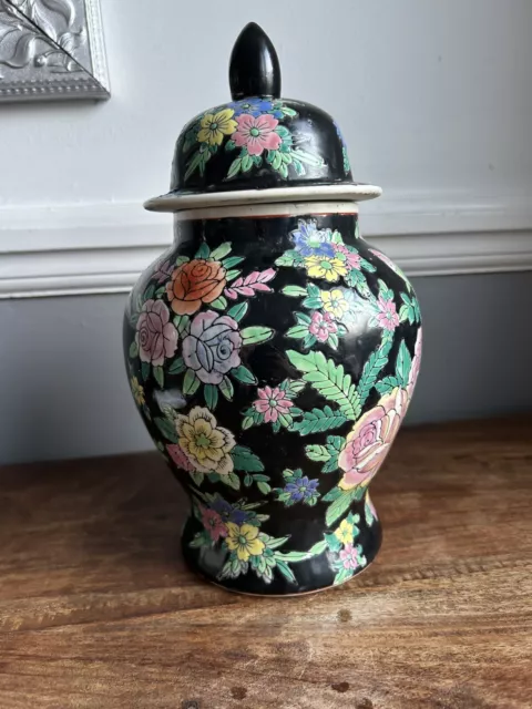 Chinese Porcelain Temple Ginger Jar Hand  Painted Multi Floral On Black