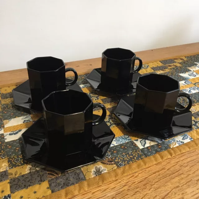 4 X Octime Arcoroc Arcopal French Art Deco Style 70s 80s Black Cups Saucers