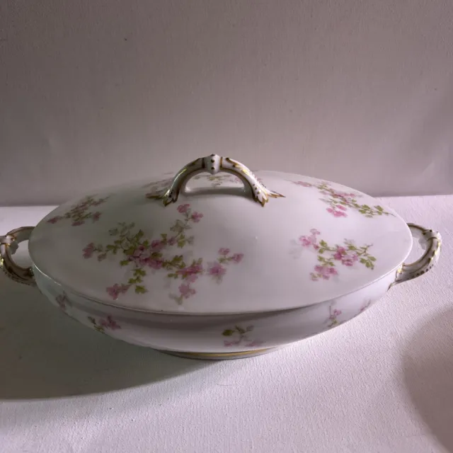 Vintage Haviland Limoges  Oval Covered Serving Bowl Pink Flower Gold