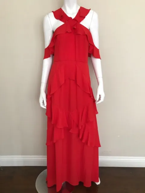 BCBGMAXAZRIA NWT Orange Red Cold Shoulders Ruffled Halter Gown Dress Size 08 NEW