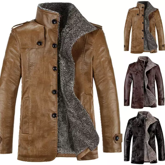 Men Warm Winter Overcoat Faux Leather Fur Lined Thick Coat Fashion Cowboy Jacket