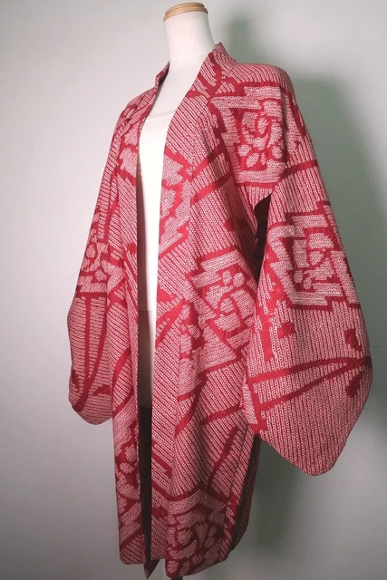8514F3 Silk Vintage Japanese Kimono Haori Jacket Rose Shibori
