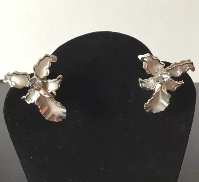 Bugbee & Nile Orchid Screw Clip Earrings Silver Tone w Prong Rhinestone