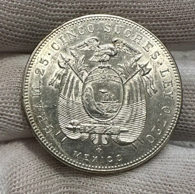 1943 Ecuador 5 Sucres Km-79 Silver Crown Nice! - Free Usa Shipping! B3225