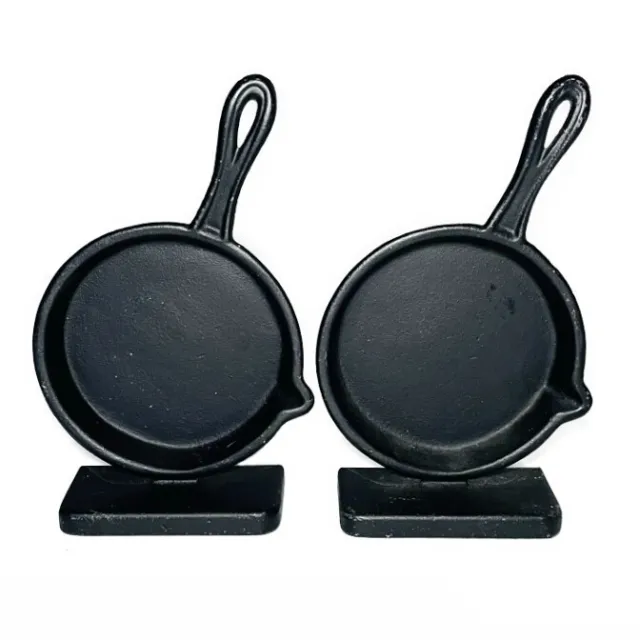 Vintage 1960's Skillet Bookends Set Cast Iron Black Frying Pans Pre-Owned