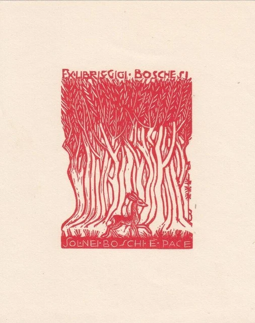 Exlibris Bookplate Holzschnitt Bruno da Osimo 1888-1962 Laubbäume Reh