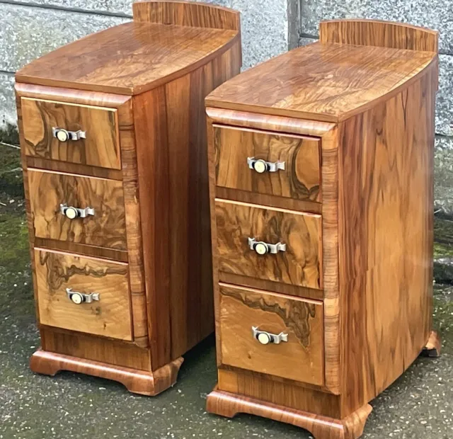Superb Pair Of Art Deco  Bow Front Walnut  Bedside Chests Amazing Veneers.