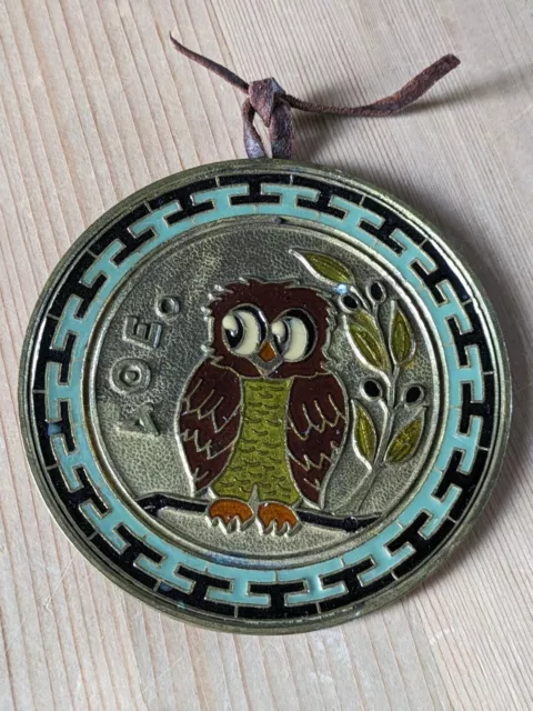 Bronze Enamel Champlevé Owl AOE Alpha Theta Epsilon Greek Sorority Medal Plaque