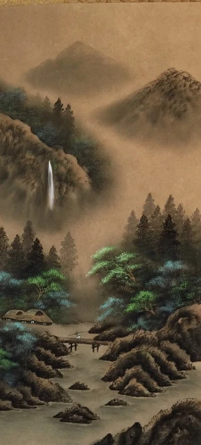 G1439 Japonés Vintage Colgante Rollo Kakejiku Mano Pintura Seda Paisaje River