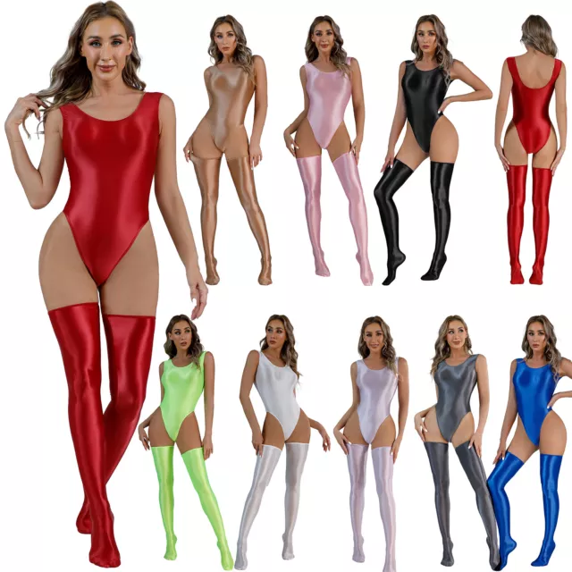 UK Womens Oil Glossy Bodysuit Shiny Silky Lingerie Nightwear Stockings Jumpsuits 3