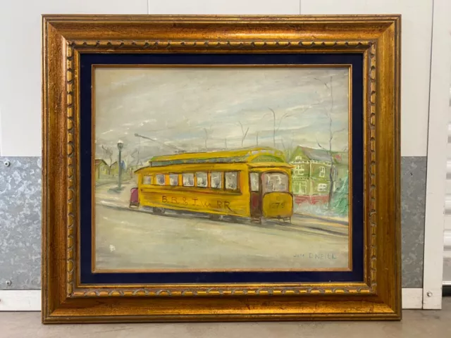 🔥 Vintage Old American Regionalism New England Connecticut Trolley Oil Painting