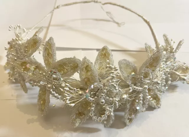 Vintage Bridal Head Piece Beaded Crown Roses White NWT