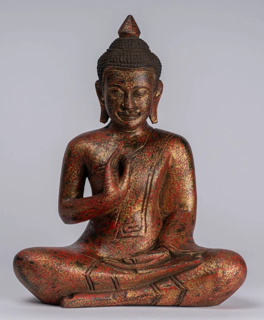 Antique Khmer Style Cambodia Seated Wood Buddha Statue Teaching Mudra - 31cm/12"