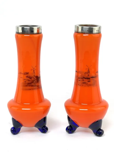 Beautiful Pair of Bohemian Orange Tango Glass Solifleur Vases with Silver Rim.