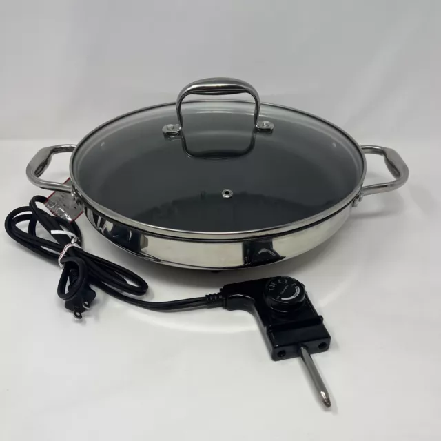 Electric Skillet by Cucina Pro - 18/10 Stainless Steel with Tempered Glass Lid 12 Round