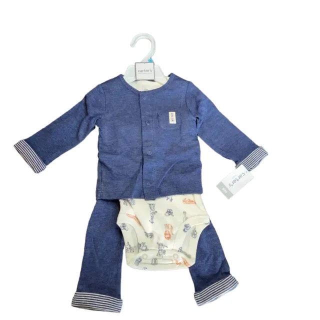Carter's Baby Boy 3-Piece Suit Infant 6 Months Long Sleeve Blue Pants Shirt