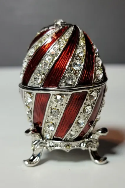 Rare & Hard to Find-Silver with White Rhinestones Red Faberge Egg Trinket Box