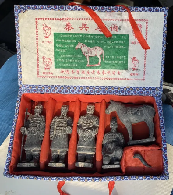 vintage Terracotta figures of QIN DYNASTY - EMPEROR SHI & Warriors & Horse - BOX
