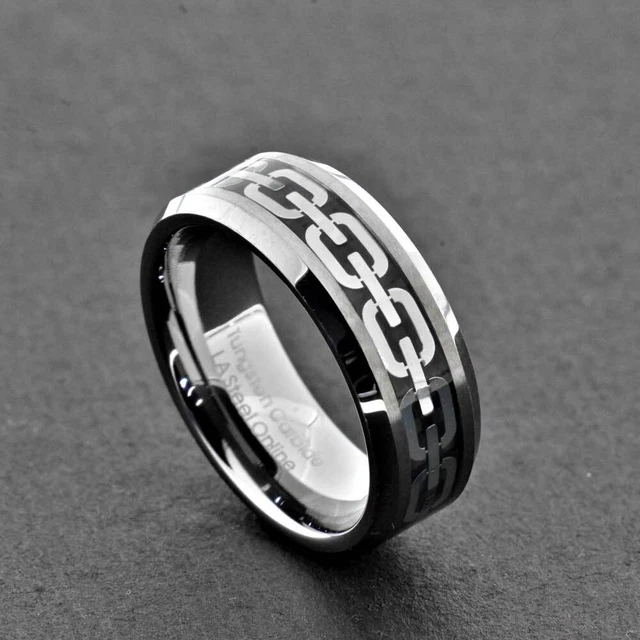 Tungsten 8mm Band Bevel Edge Men's Silver Celtic Chain Wedding Ring Tungsten 8mm Band Bevel Edge Men's Silver Celtic Chain Wedding Ring